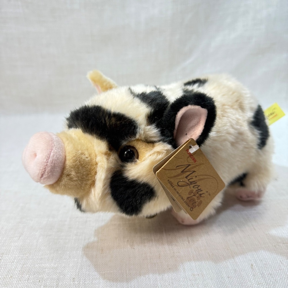 Aurora Miyoni Tots Spotted Pig Plush Stuffed Animal Cream Black Realistic NWT - Picture 1 of 5